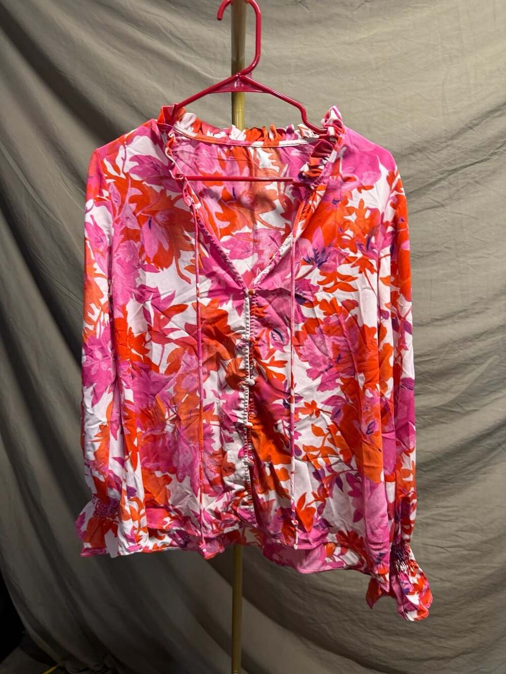 Women's Floral Long Sleeve Ruffle Neck Blouse with Smocked Cuffs